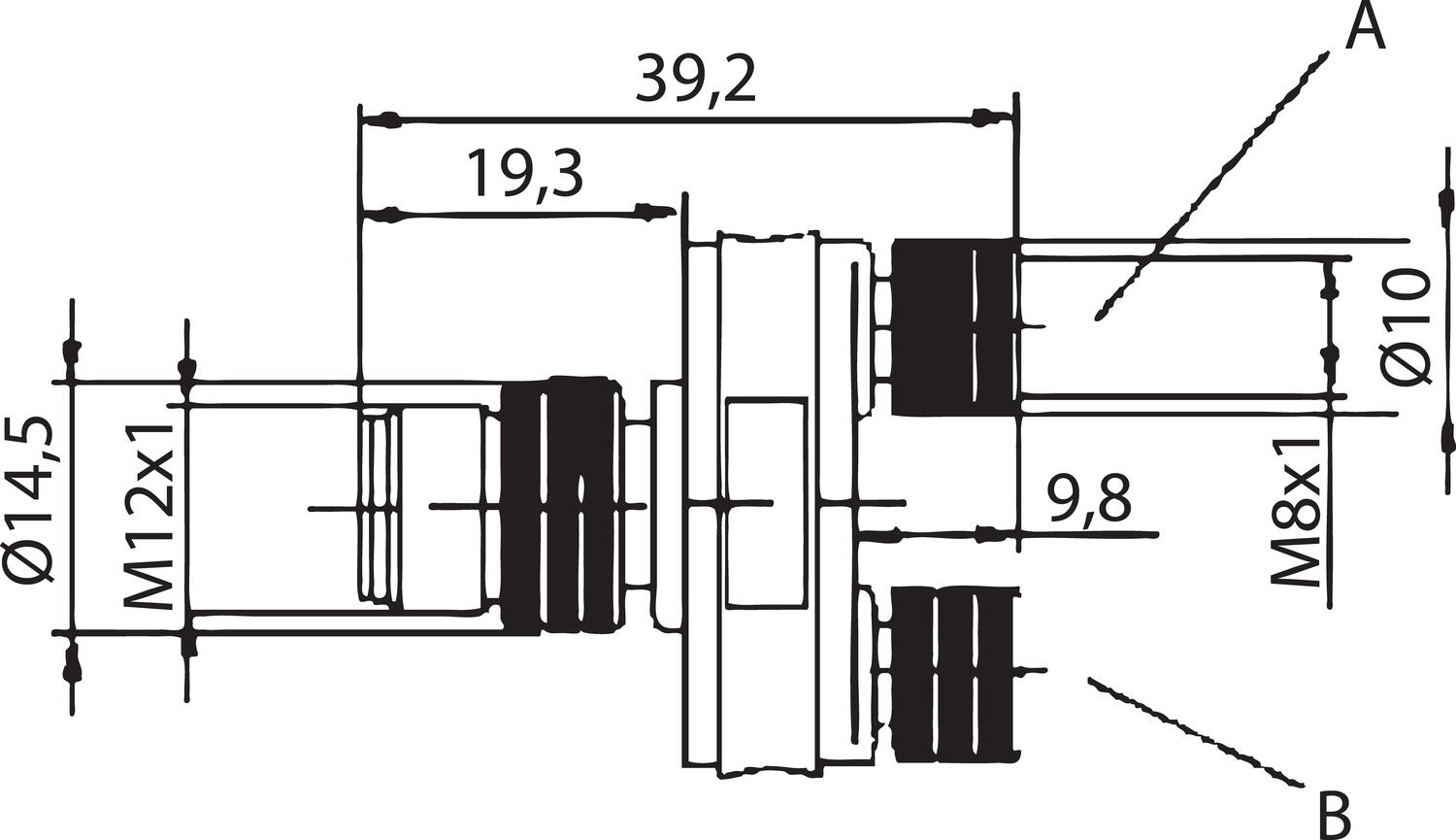 1xM12 male-2xM8 female, mått