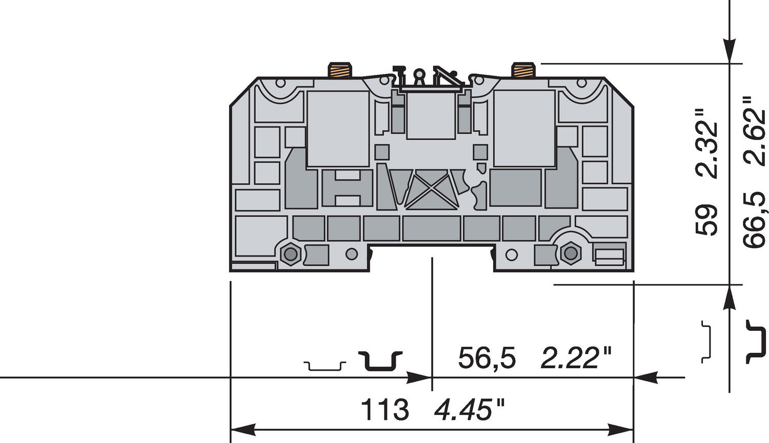 Illustration on power cable block for TS35-rail M6