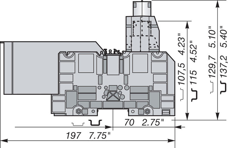 Illustration on power cable block for TS35-rail with bistabile foot and bottom mountable 