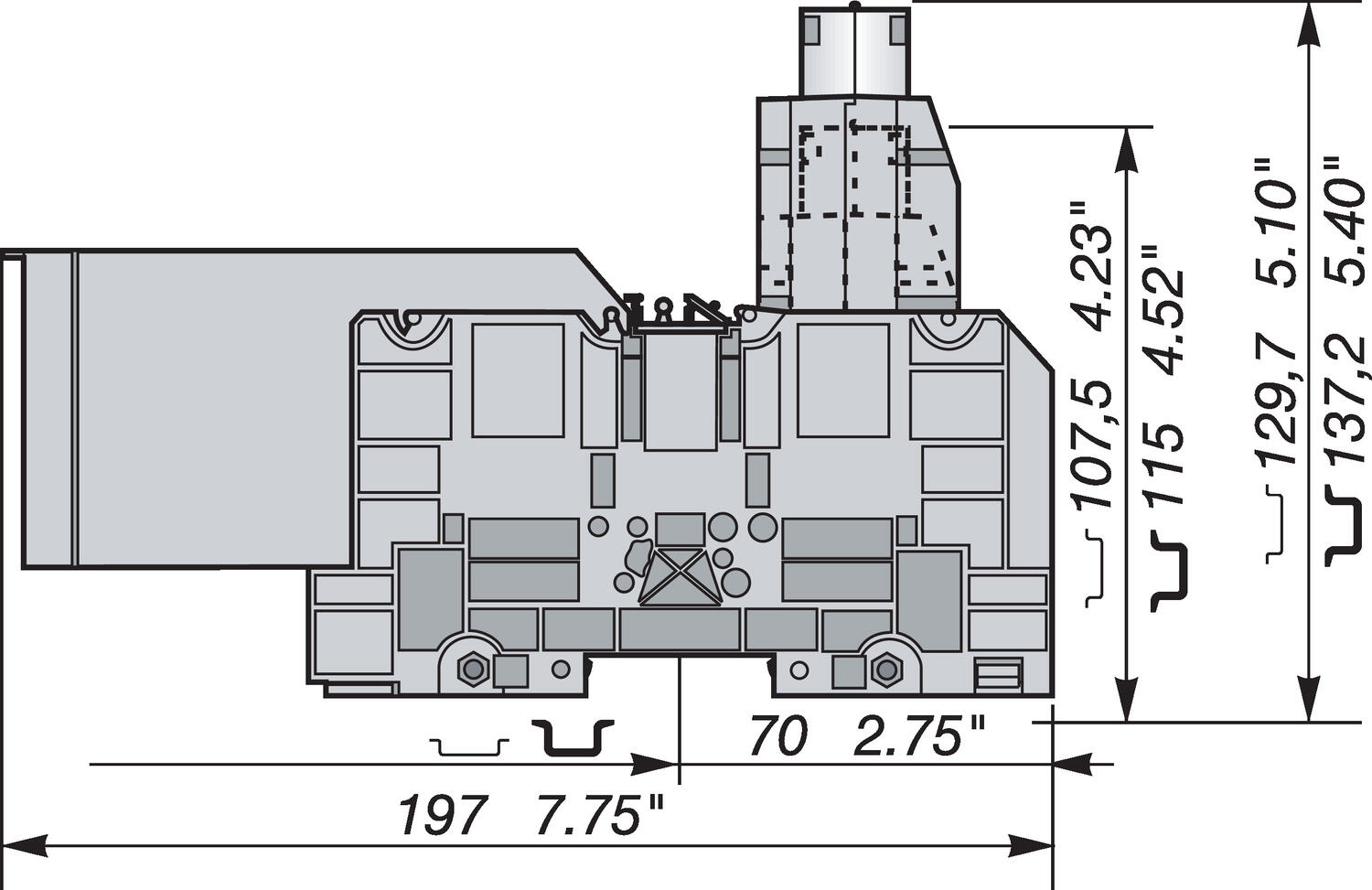 Illustration on power cable block for TS35-rail with bistabile foot and bottom mountable 