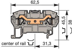 Illustration on terminal block spring clip for TS35-rail, 2 connections 