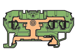 Illustration on terminal block spring clip for TS35-rail with 3 connections for grounding