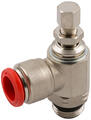 Orientable uni-directional flow regulator with manual adjustment. Swiftfit threading