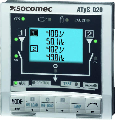 Socomec Dialkové ovládanie ATyS D20 urcené pre ATyS p M/ATyS p. Slúži na zobrazovanie dostupnosti zdroja a polohy prepínaca. Dalej zobrazuje meranie zdroja a umožnuje ovládanie prepínaca. 95992020