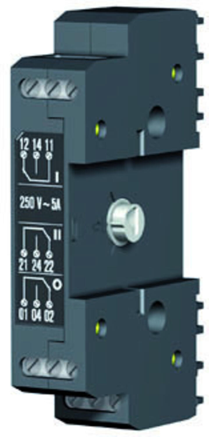 Socomec Pomocný kontakt ATyS M - každý prepínac môže byt vybavený dvoma blokmi pomocných kontaktov. Blok obsahuje prepínací kontakt pre každú z polôh I, 0, II. Kontakt umožnuje spínat prúd 5 A pri napätí 250 VAC. 13091001